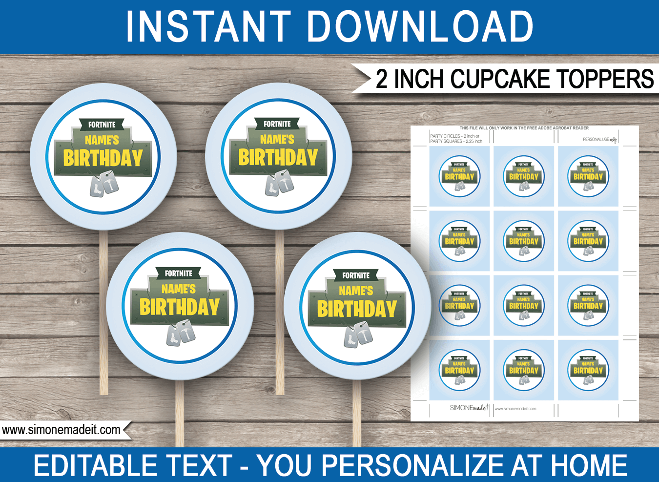 Printable Fortnite Cupcake Toppers | Fortnite Birthday Party Decorations | Battle Royale | 2 inch | Gift Tags | DIY Editable & Printable Template | INSTANT DOWNLOAD via simonemadeit.com