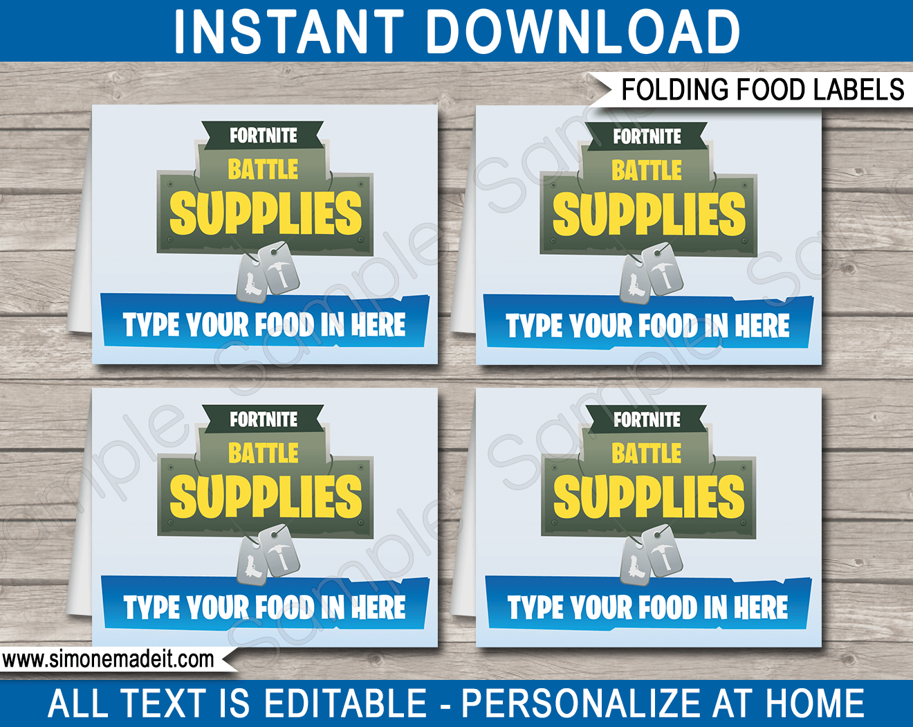 Printable Fortnite Party Food Labels | Food Buffet Tags | Tent Cards | Place Cards | Fortnite Theme Birthday Party Decorations | DIY Editable Template | Instant Download via simonemadeit.com