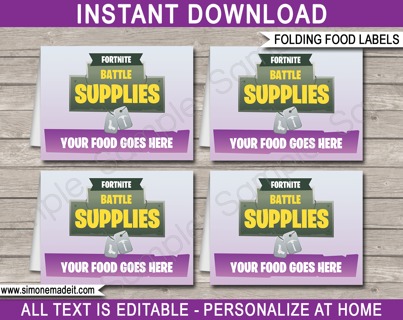 Fortnite Printable Food Labels | Battle Supplies | Food Buffet Tags | Tent Cards | Place Cards | Fortnite Theme Birthday Party Decorations | DIY Editable Template | Instant Download via simonemadeit.com #fortniteparty