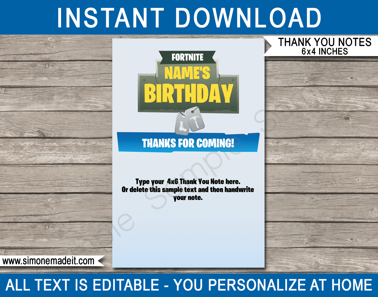Printable Fortnite Party Thank You Cards - Favor Tags - Fortnite Birthday Party theme - Editable Template - Instant Download via simonemadeit.com