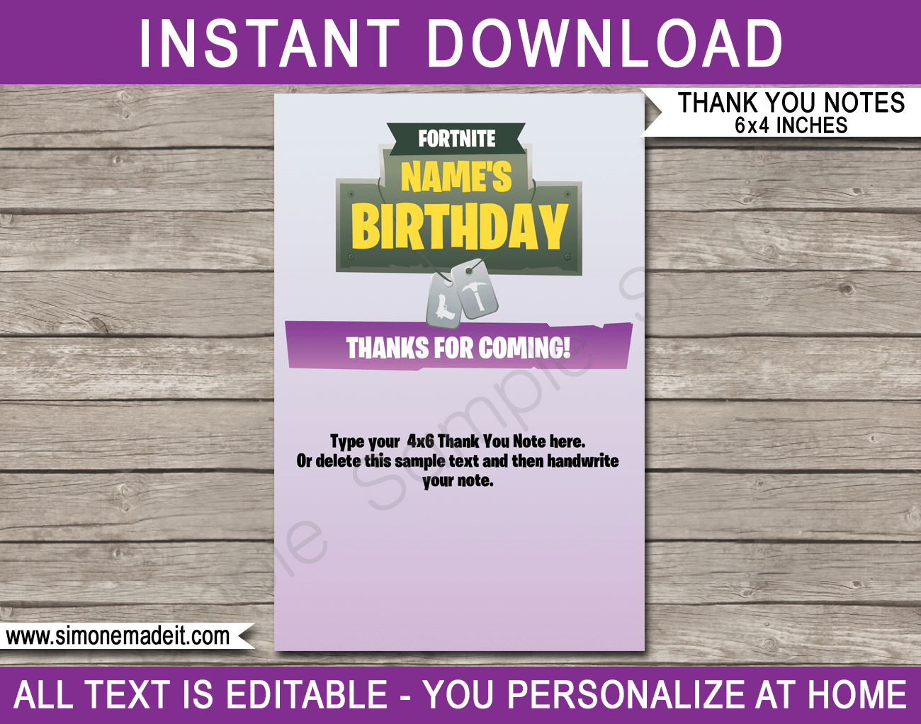 Printable Fortnite Birthday Thank You Cards - Favor Tags - Fortnite Theme Party - Editable Template - Instant Download via simonemadeit.com