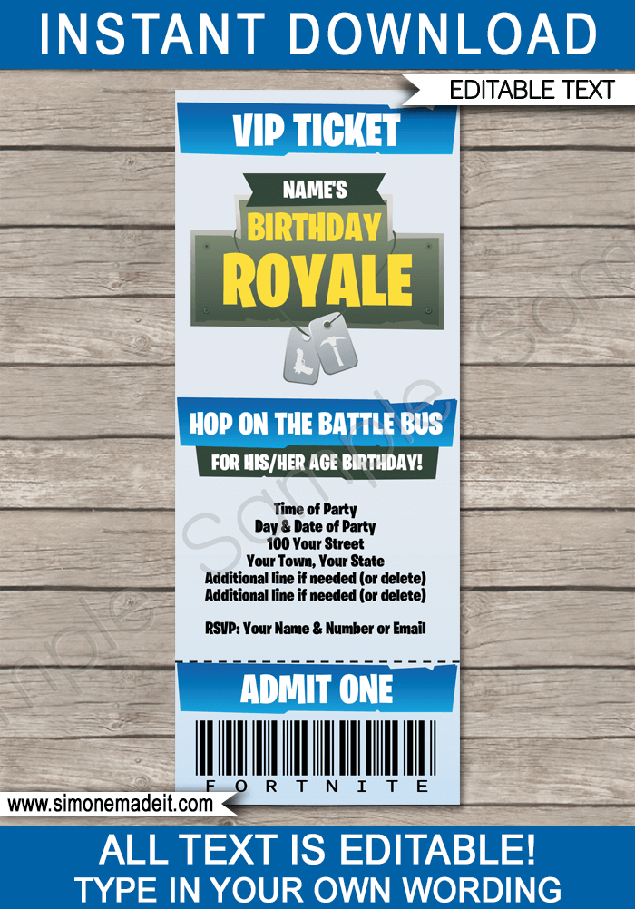 Fortnite Party Ticket Invitation Template | Fortnite Birthday Party Invite | Fortnite Theme Party | Editable & Printable Template | INSTANT DOWNLOAD via simonemadeit.com #fortniteparty