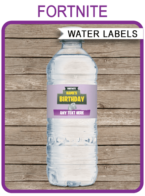Fortnite Party Water Bottle Labels template – purple