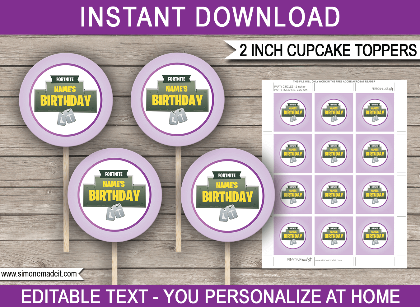 Purple Fortnite Party Cupcake Toppers | Printable Fortnite Birthday Party Decorations | Battle Royale | 2 inch | Gift Tags | DIY Editable & Printable Template | INSTANT DOWNLOAD via simonemadeit.com