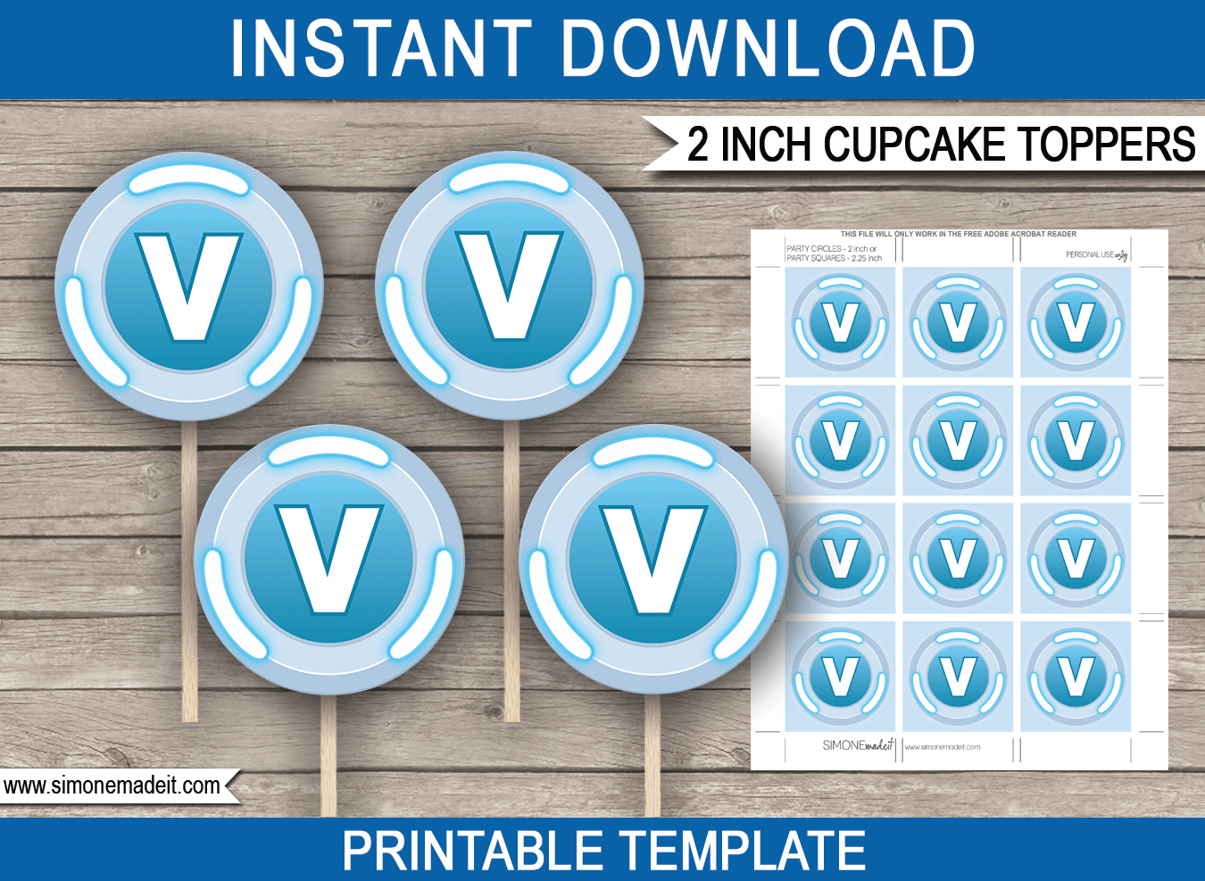 Printable Fortnite V-Bucks Cupcake Toppers | V Bucks Party Decorations | DIY Printable Template | INSTANT DOWNLOAD via simonemadeit.com