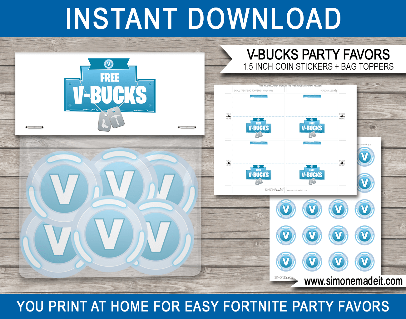 Fortnite V-Bucks Printable Party Favors | V-Bucks Stickers & Bag Toppers
