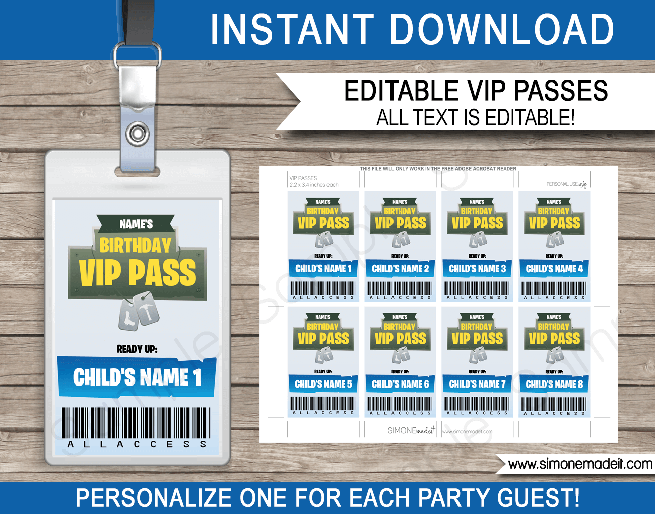 Printable Fortnite Party VIP Passes | Video Game Birthday Party | Fortnite Theme | Printable Template with editable text | INSTANT DOWNLOAD via simonemadeit.com