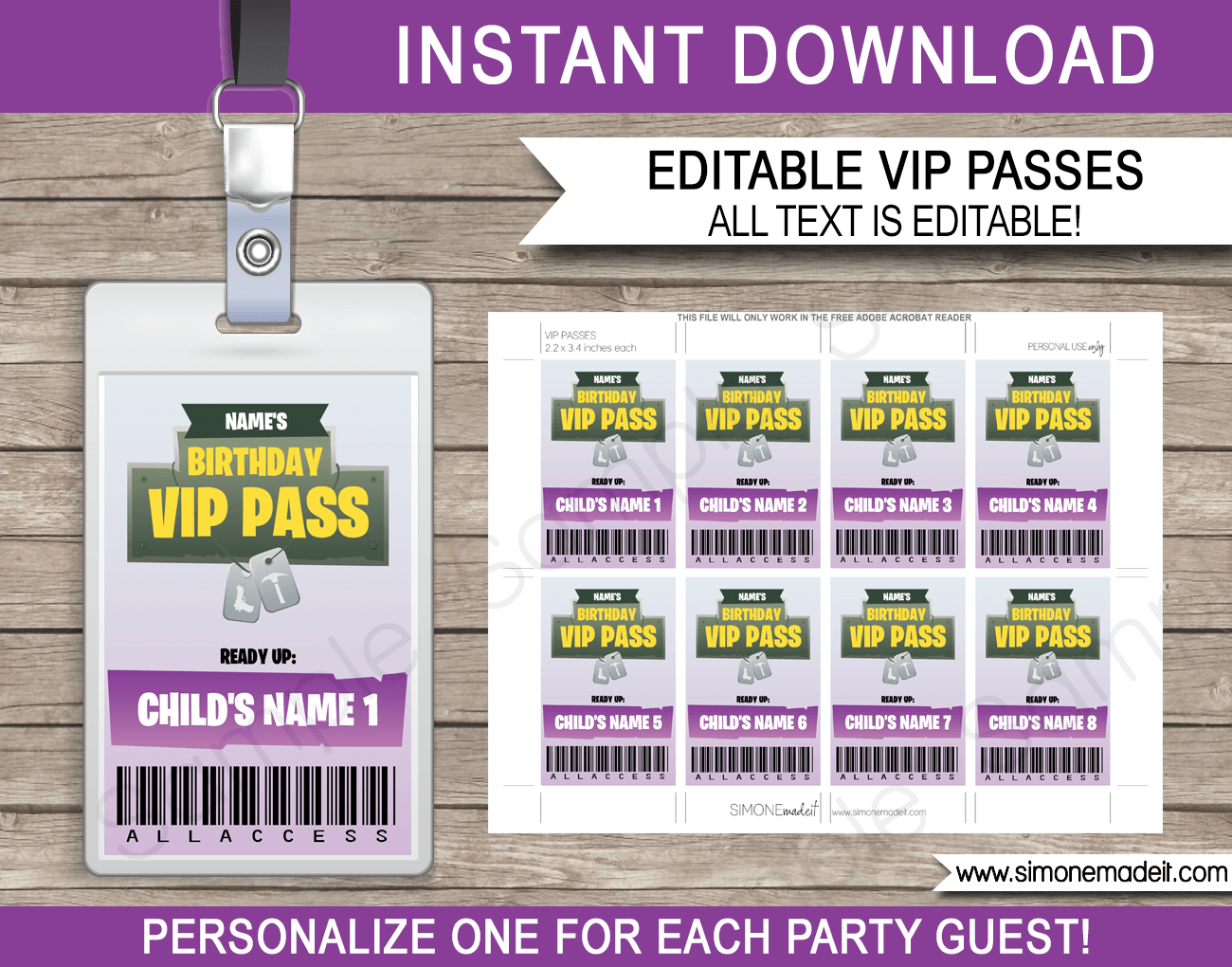 Purple Fortnite Birthday VIP Passes | Video Game Birthday Party | Fortnite Theme | Printable Template with editable text | INSTANT DOWNLOAD via simonemadeit.com