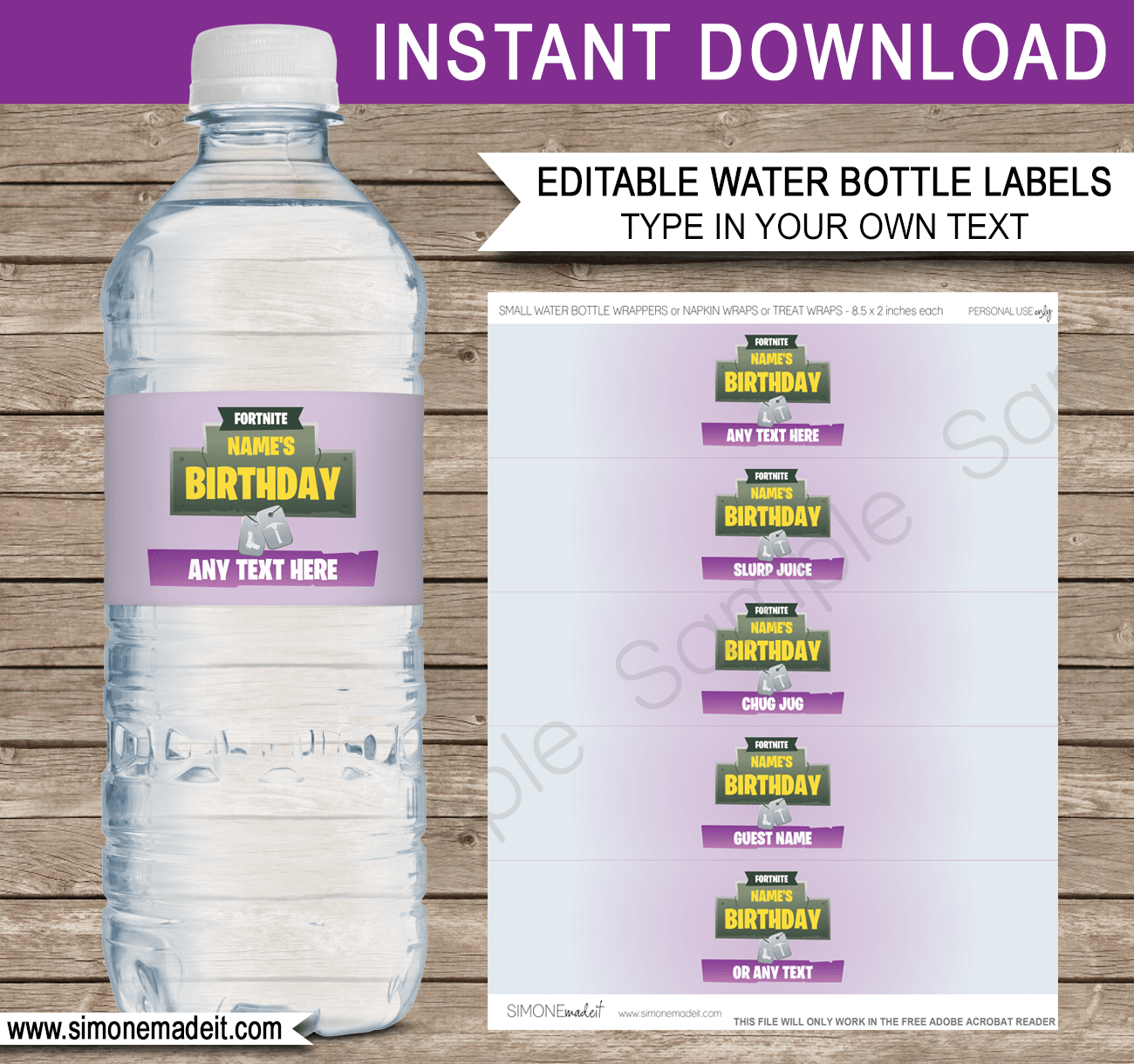 Fortnite Water Bottle Labels Template | Fortnite Theme Birthday Party Decorations | Chug Jug | Slurp Juice | Napkin Wraps | Treat Wraps | INSTANT DOWNLOAD via simonemadeit.com #fortniteparty