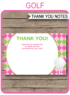 Printable Golf Birthday Party Thank You Note Cards Template - Ladies Golf Theme - Instant Download
