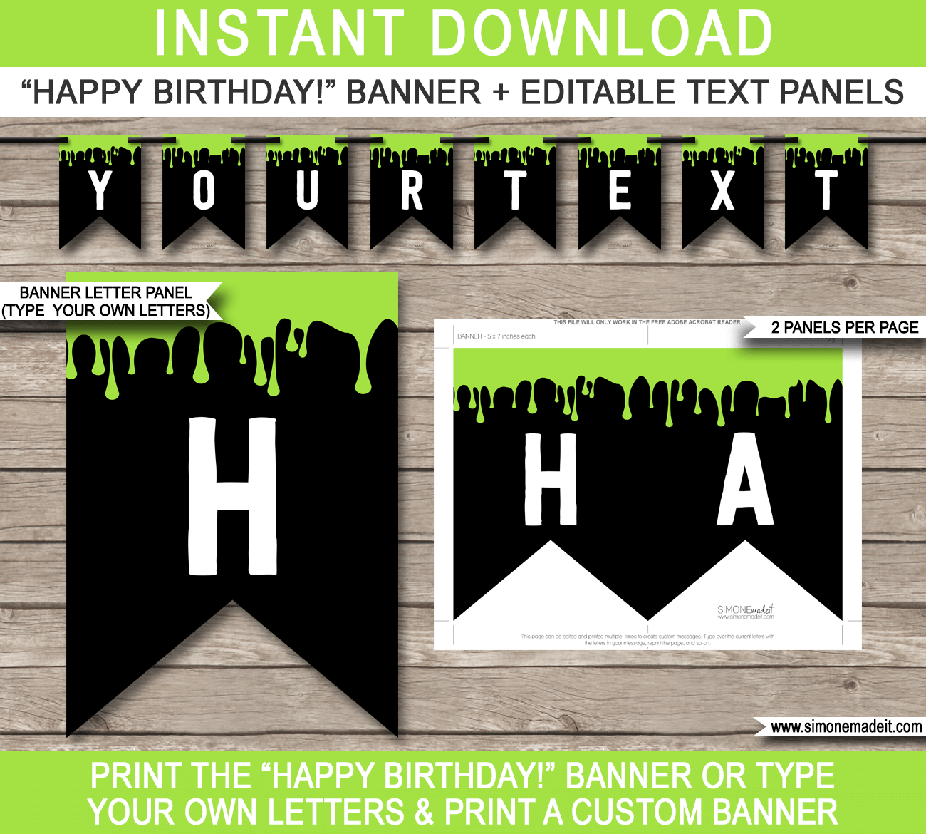 Slime Party Pennant Banner Template - Slime Bunting - Happy Birthday Banner - Slime Birthday Party Theme - Editable and Printable DIY Template - INSTANT DOWNLOAD via simonemadeit.com