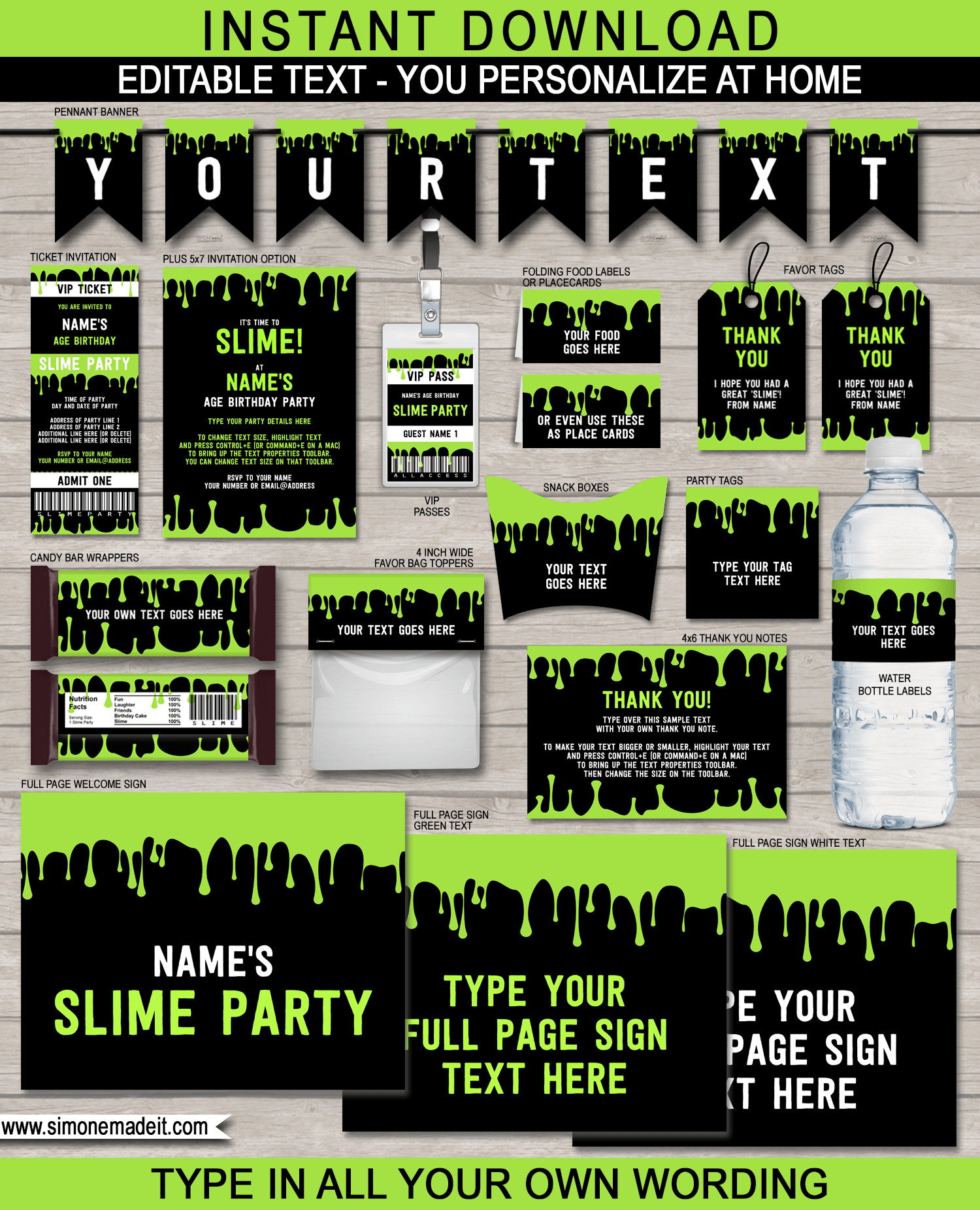 Slime Theme Birthday Party Printables  Slime Decorations & Invitations  Templates