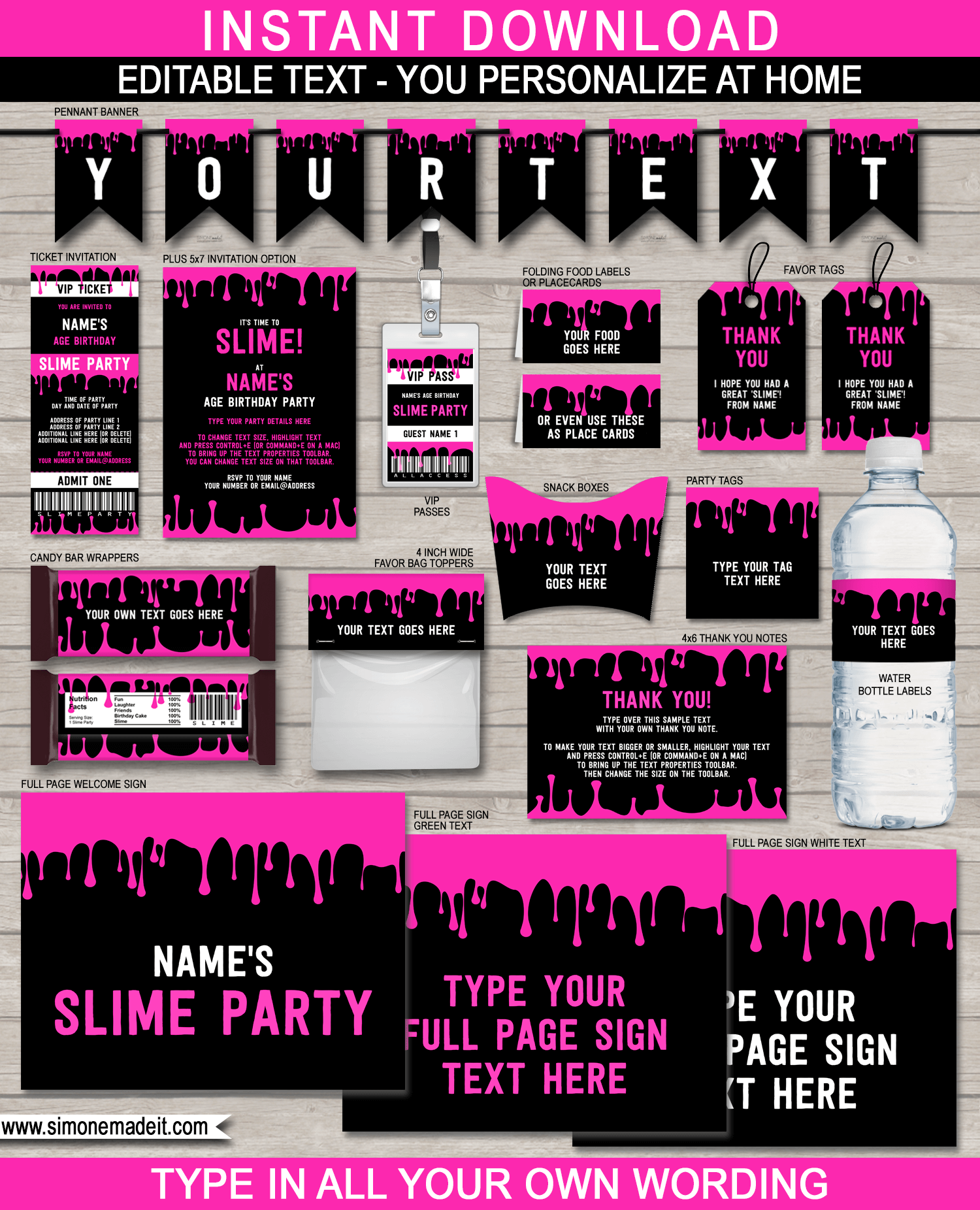 Slime Birthday Party Printables, Invitations & Decorations - Pink Slime Theme Party - Editable & Printable DIY templates - INSTANT DOWNLOAD via simonemadeit.com