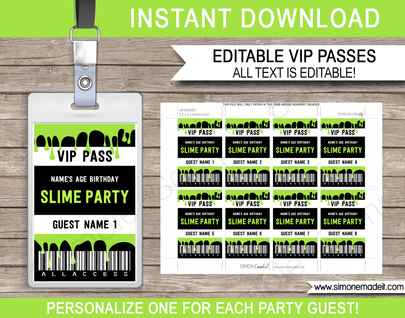 Slime Party VIP Passes | Slime Theme Birthday Party | Printable Template with editable text | INSTANT DOWNLOAD via simonemadeit.com