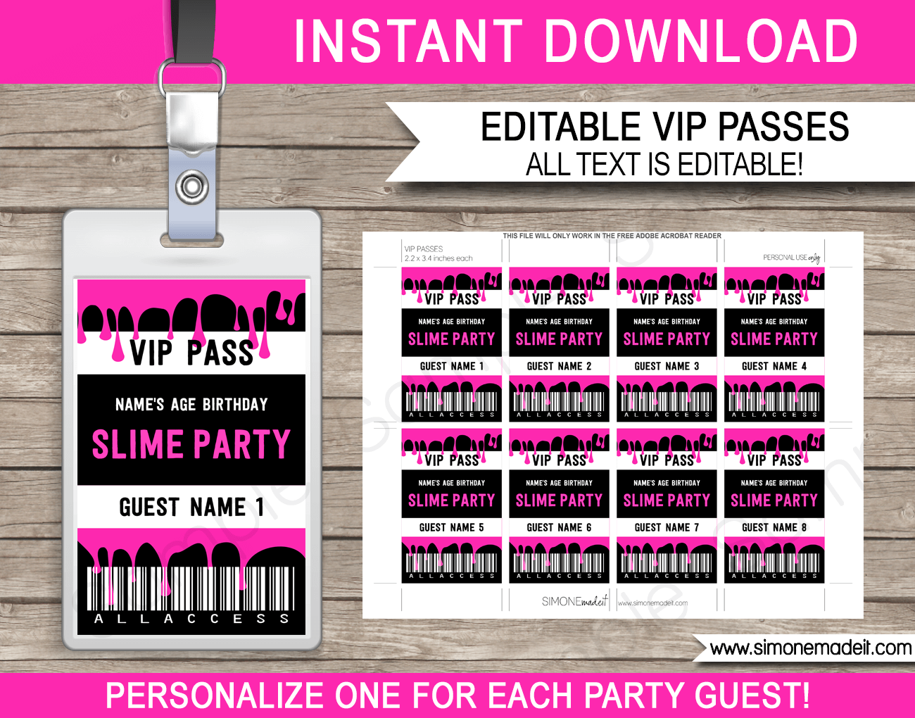 Slime Birthday Party VIP Passes | Pink Slime Theme Party | Printable Template with editable text | INSTANT DOWNLOAD via simonemadeit.com