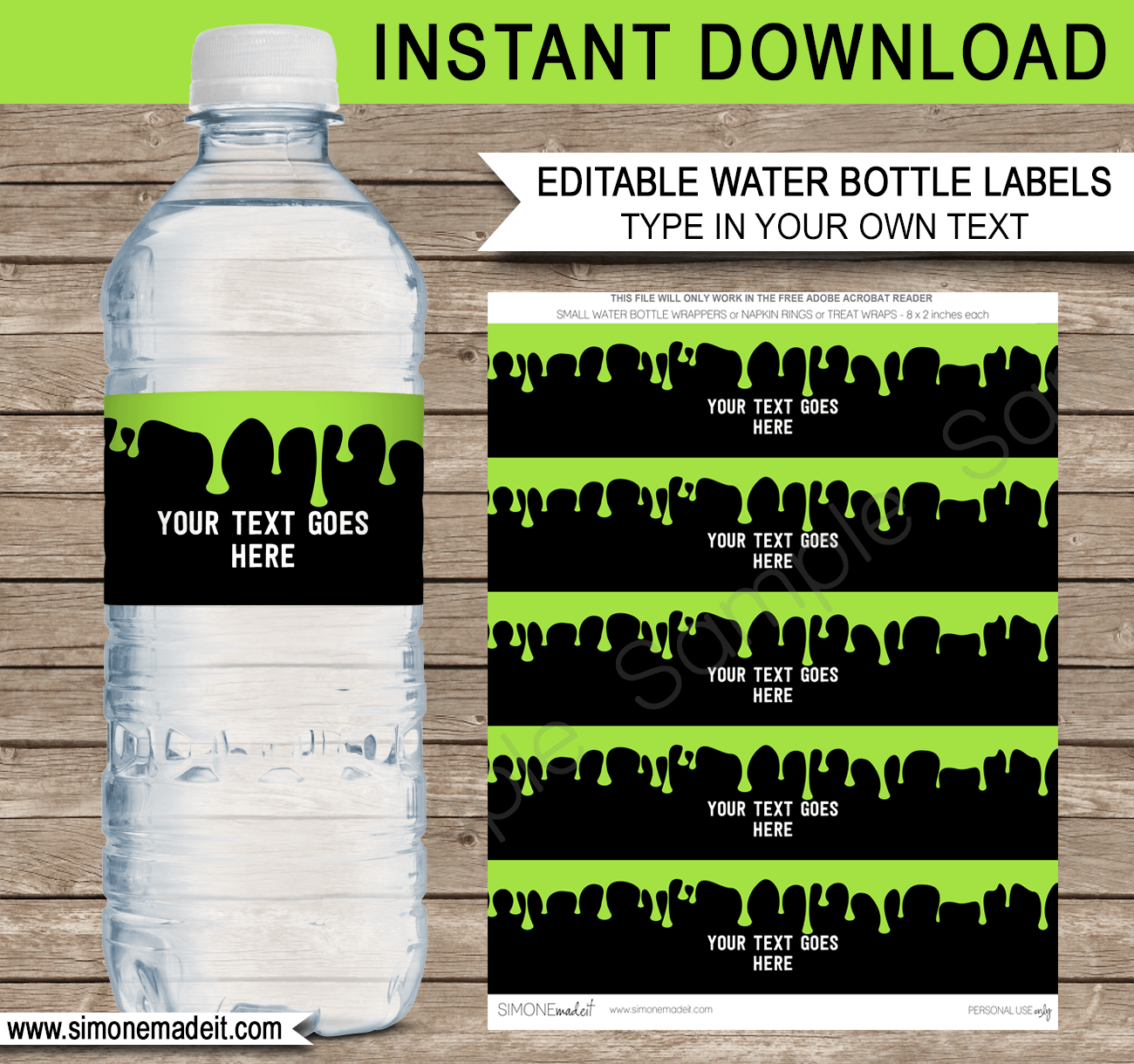 Slime Party Water Bottle Labels | Slime Theme Birthday Party Template | Napkin Wraps | Treat Wraps | DIY Editable & Printable Template | INSTANT DOWNLOAD via simonemadeit.com