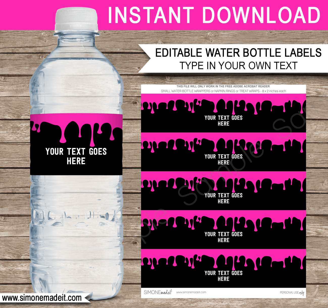 Slime Party Water Bottle Labels template – pink Regarding Drink Bottle Label Template