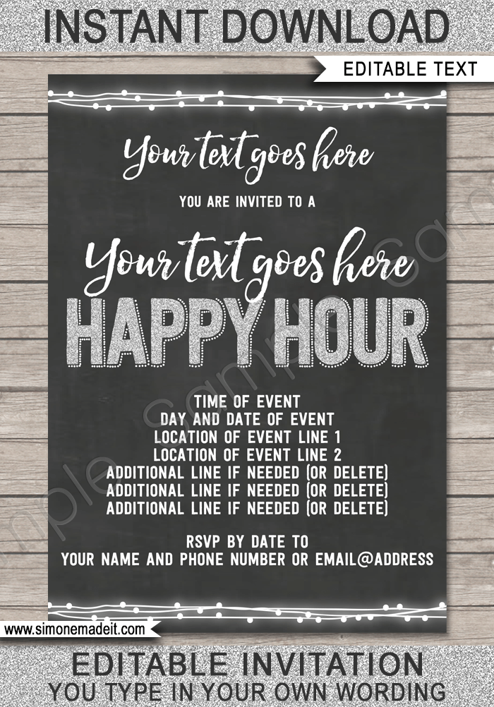 Printable Happy Hour Invite Template | Happy Hour Invitation | Chalkboard & Silver Glitter | Staff Appreciation | Engagement Party | Birthday Party | Cocktail Party | TGIF Work Drinks | Editable & Printable Template | Instant Download via simonemadeit.com