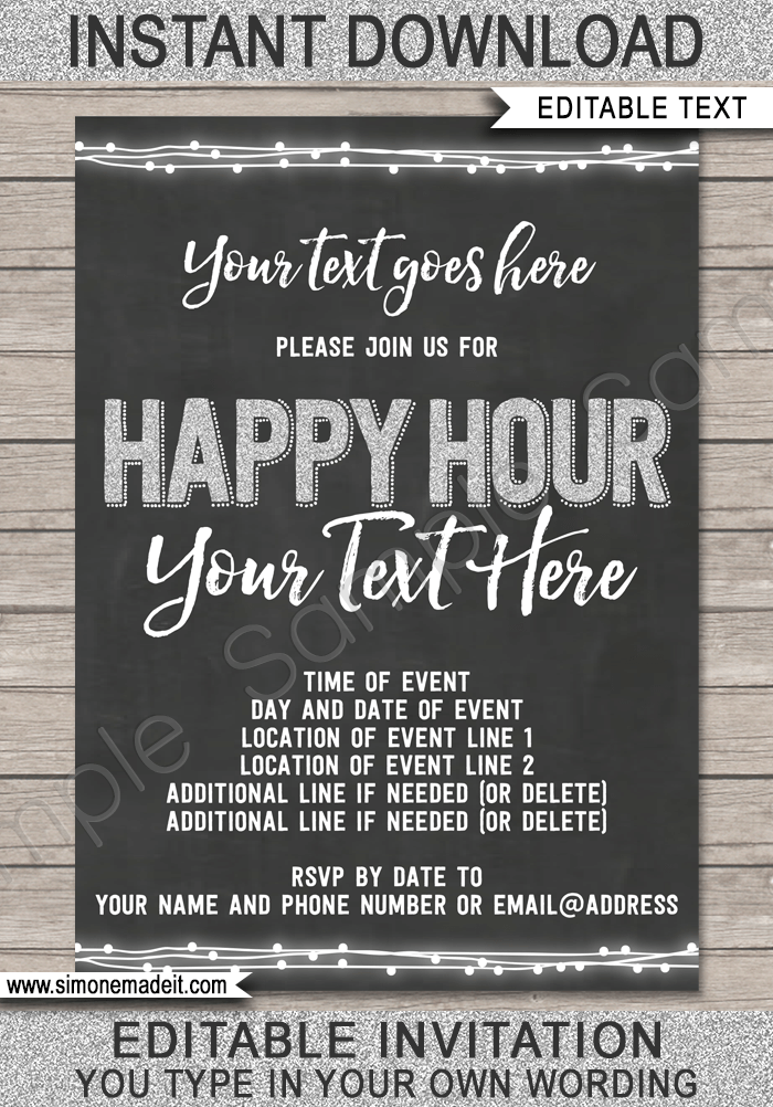 Printable Happy Hour Invitation Template | Happy Hour Invite | Chalkboard & Silver Glitter | Baby Shower | Birthday Party | Cocktail Party | TGIF Work Drinks | Editable & Printable Template | Instant Download via simonemadeit.com