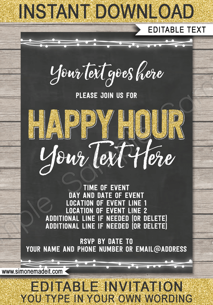 Chalkboard Happy Hour Invitation Template | Happy Hour Invite | Chalkboard & Gold Glitter | Baby Shower | Birthday Party | Cocktail Party | TGIF Work Drinks | Editable & Printable Template | Instant Download via simonemadeit.com