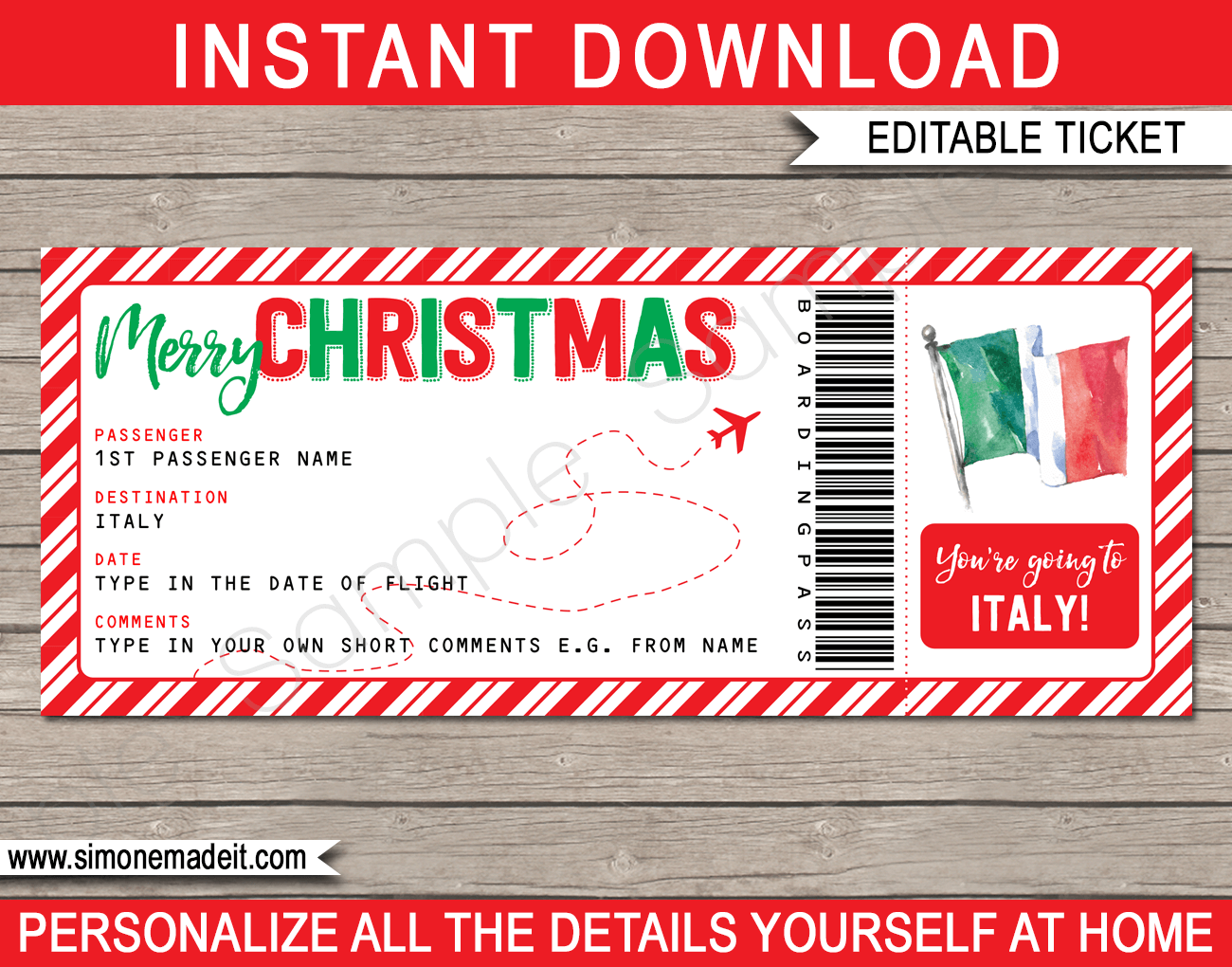 Printable Surprise Trip to Italy Boarding Pass Gift | Italy Trip Reveal | Christmas Gift Plane Ticket | Rome, Venice, Florence, Tuscany | Christmas Present | Fake Plane Ticket | DIY Editable & Printable Template | Instant Download via simonemadeit.com