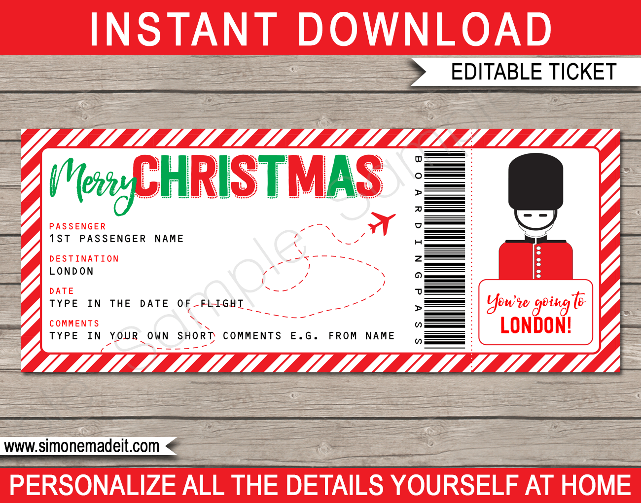 Printable Surprise Trip to London Boarding Pass Gift | London Trip Reveal | UK England | Christmas Gift Plane Ticket | Surprise Trip, Getaway, Holiday, Vacation | Christmas Present | Fake Plane Ticket | DIY Editable & Printable Template | Instant Download via simonemadeit.com