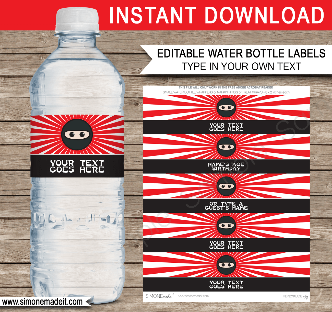 Ninja Water Bottle Labels | Ninja Theme Birthday Party Template | Napkin Wraps | Treat Wraps | DIY Editable & Printable Template | INSTANT DOWNLOAD via simonemadeit.com