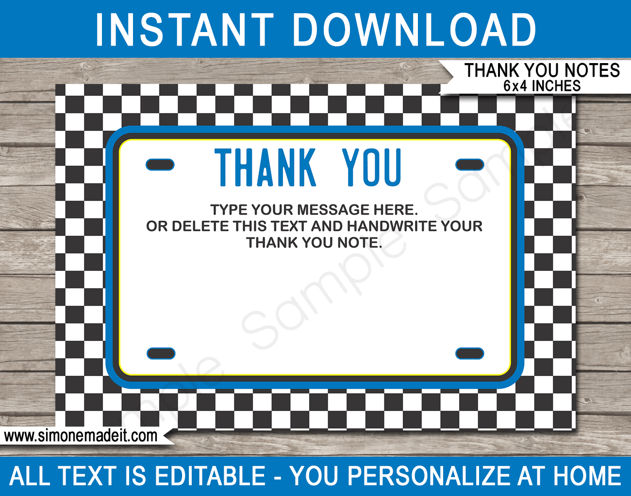 Printable Race Car Birthday Thank You Cards - Blue - Favor Tags - Racing Car Birthday Party theme - Editable Template - Instant Download via simonemadeit.com