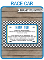 Printable Blue Race Car Birthday Thank You Cards - Favor Tags - Racing Car Birthday Party theme - Editable Template - Instant Download via simonemadeit.com