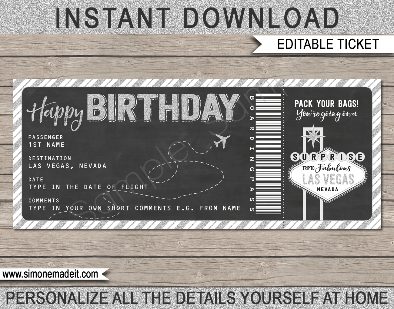 Las Vegas Plane Ticket Birthday Gift | Surprise trip to Las Vegas | Las Vegas Trip Reveal | Fake Boarding Pass | Birthday Present | Silver Glitter & Chalkboard | DIY Editable & Printable Template | Instant Download via simonemadeit.com