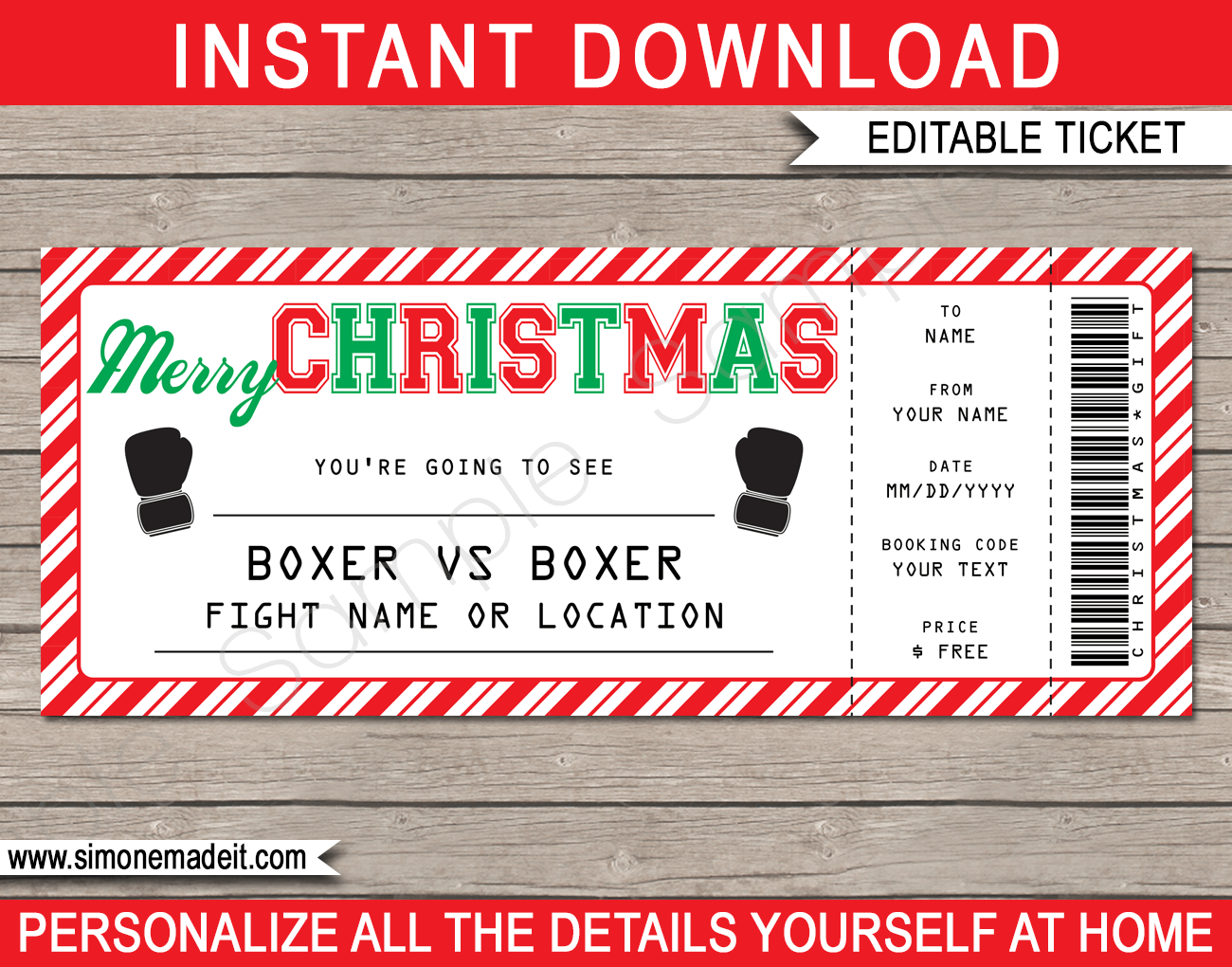 Christmas Boxing Ticket Gift - Surprise tickets to a Boxing Match - Gift Voucher - Gift Certificate - Christmas present - DIY Editable & Printable Template - INSTANT DOWNLOAD via simonemadeit.com #boxinggift #lastminutegift