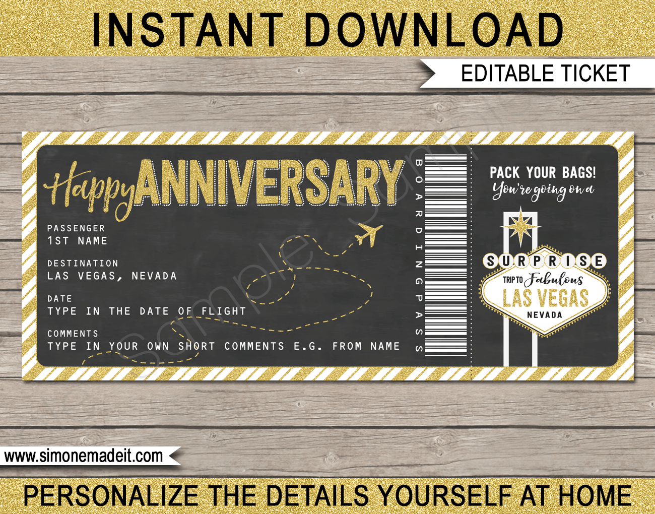 Las Vegas Boarding Pass Anniversary Gift | Surprise trip to Las Vegas | Las Vegas Trip Reveal | Fake Plane Ticket | Anniversary Present | Gold Glitter & Chalkboard | DIY Editable & Printable Template | Instant Download via simonemadeit.com