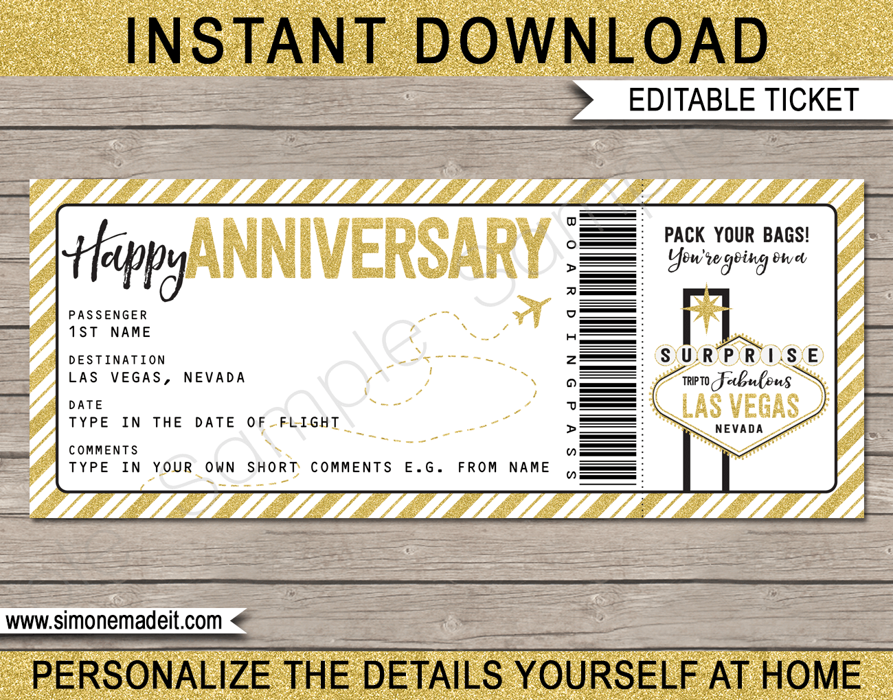 Anniversary Surprise trip to Las Vegas Boarding Pass Gift Ticket | Las Vegas Trip Reveal | Fake Plane Ticket | 50th Wedding Anniversary Present | Gold Glitter | DIY Editable & Printable Template | Instant Download via simonemadeit.com