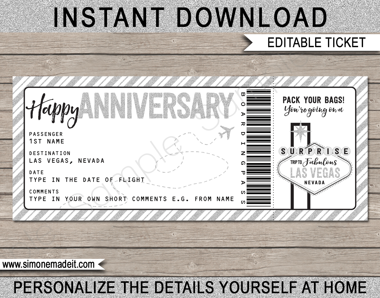 Las Vegas Trip Reveal Plane Ticket Anniversary Gift | Surprise trip to Las Vegas | Fake Boarding Pass | Anniversary Present | Silver Glitter | DIY Editable & Printable Template | Instant Download via simonemadeit.com