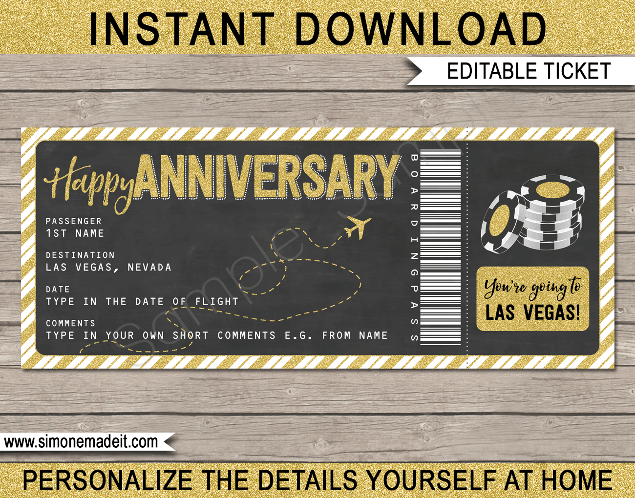 Las Vegas Anniversary Boarding Pass | Surprise trip to Las Vegas | Las Vegas Trip Reveal | Fake Plane Ticket | Anniversary Present | Poker Chips | Casino | Gambling | Gold Glitter & Chalkboard | DIY Editable & Printable Template | Instant Download via simonemadeit.com