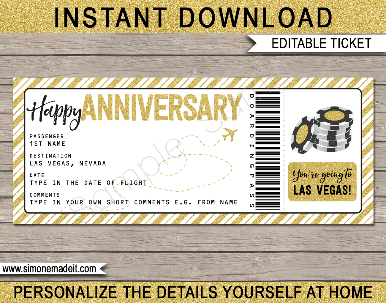 Surprise Anniversary trip to Las Vegas Boarding Pass Gift Ticket | Las Vegas Trip Reveal | Fake Plane Ticket | 50th Wedding Anniversary Present | Gambling | Casino | Gold Glitter | DIY Editable & Printable Template | Instant Download via simonemadeit.com