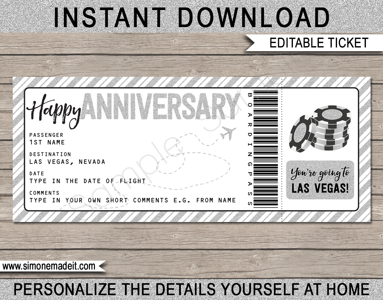 Las Vegas Anniversary Trip Reveal Plane Ticket | Surprise trip to Las Vegas | Fake Boarding Pass | Anniversary Present | Silver Glitter | Poker Chips | Casino | Gambling | DIY Editable & Printable Template | Instant Download via simonemadeit.com