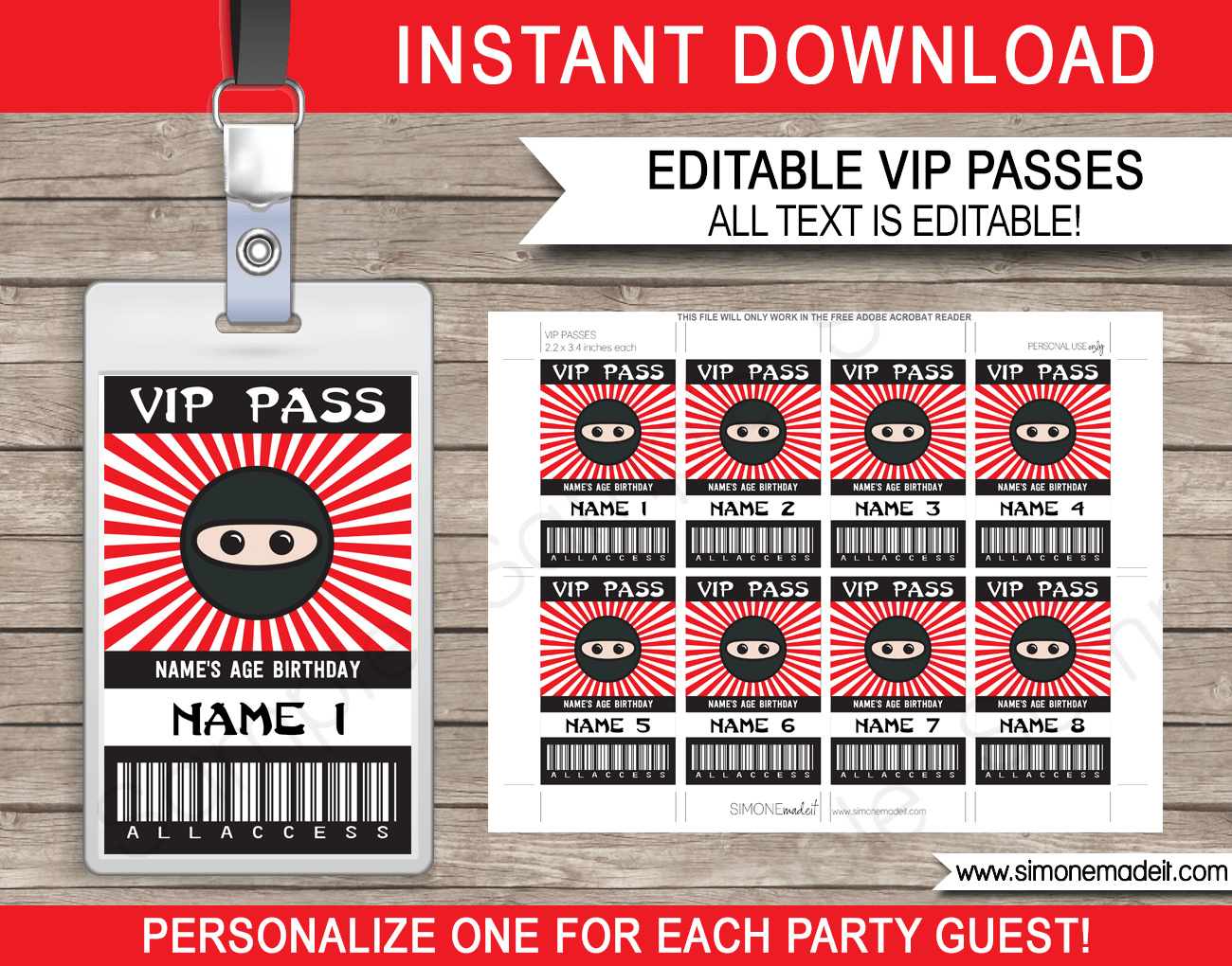 Printable Ninja VIP Passes | Ninja Birthday Party Theme | DIY Printable Template with editable text | INSTANT DOWNLOAD via simonemadeit.com