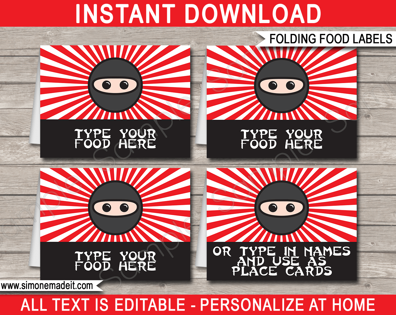 Ninja Party Food Labels | Food Buffet Tags | Place Cards | Ninja Birthday Party Theme | Editable DIY Template | $3.00 INSTANT DOWNLOAD via SIMONEmadeit.com