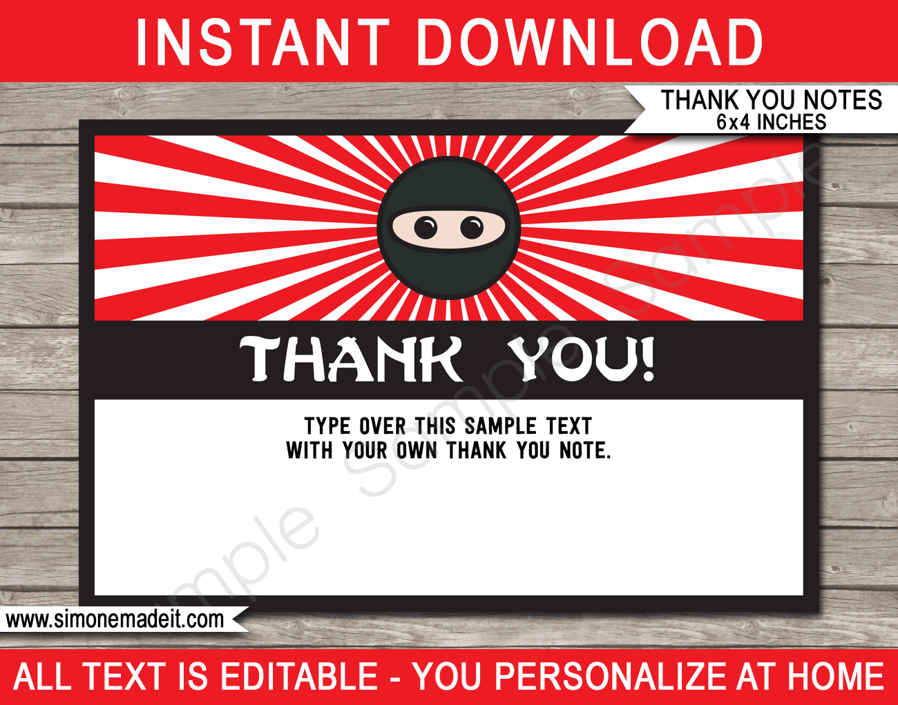 Printable Ninja Party Thank You Cards - Favor Tags - Ninja Birthday Party theme - Editable Template - Instant Download via simonemadeit.com