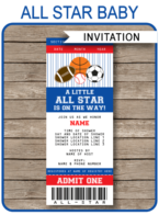All Star Baby Shower Ticket Invitation Template | All Star Theme Baby Shower Invite | A little All Star is on the way | Editable & Printable Template | Instant Download via simonemadeit.com