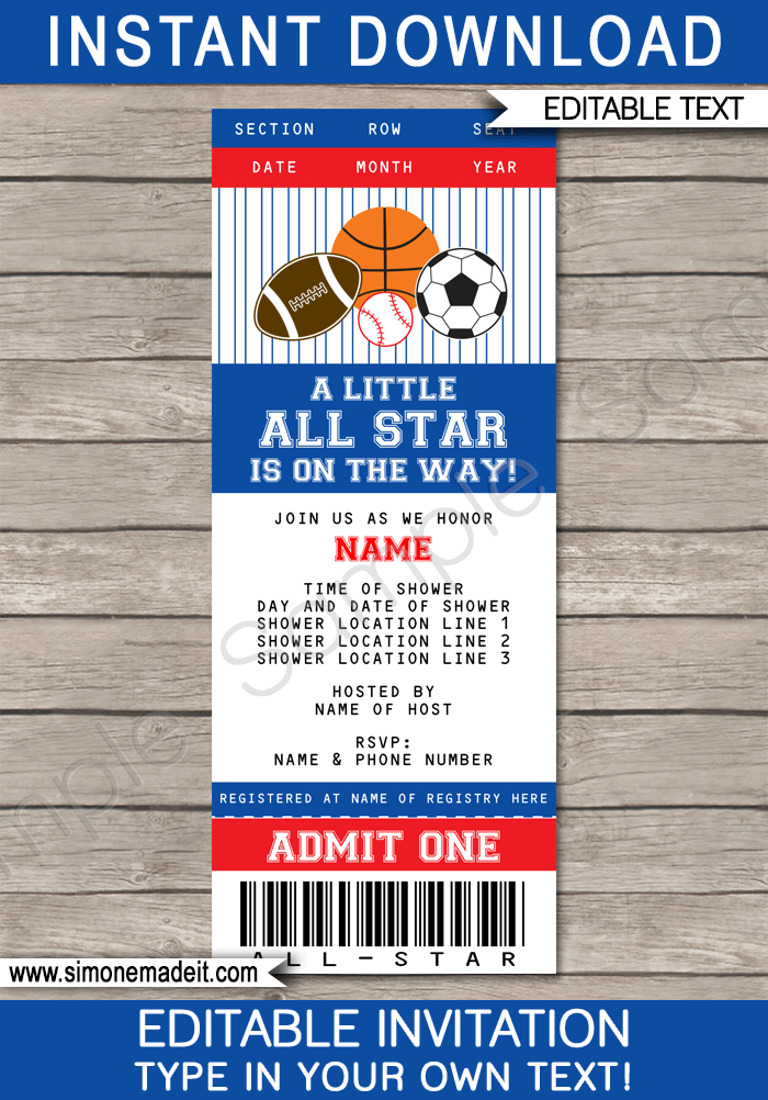 All Star Baby Shower Ticket Invitation 