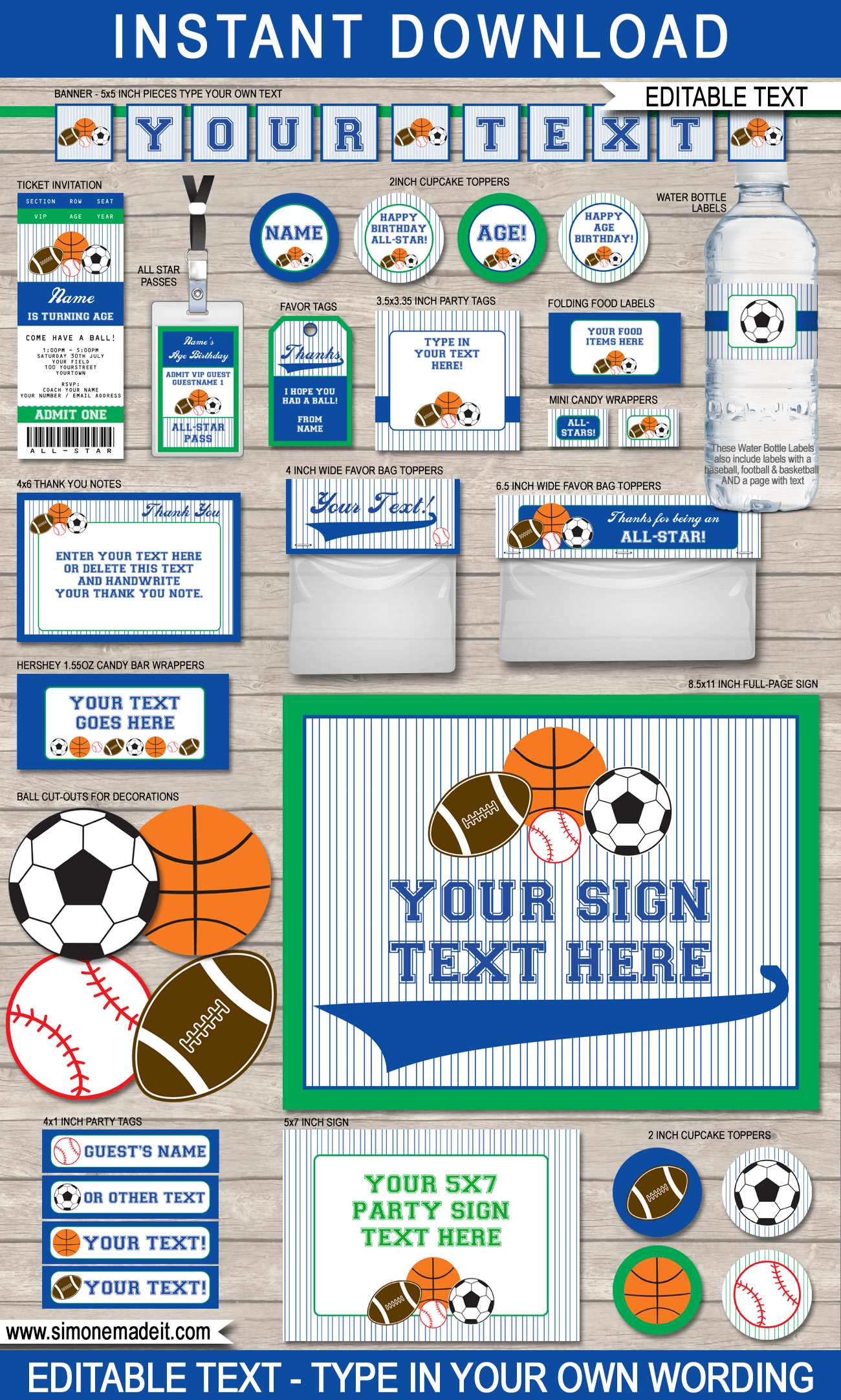 All Star Sports Birthday Party Printables, Invitations & Decorations | Sports Theme Birthday Party | Editable & Printable DIY Templates | INSTANT DOWNLOAD via SIMONEmadeit.com