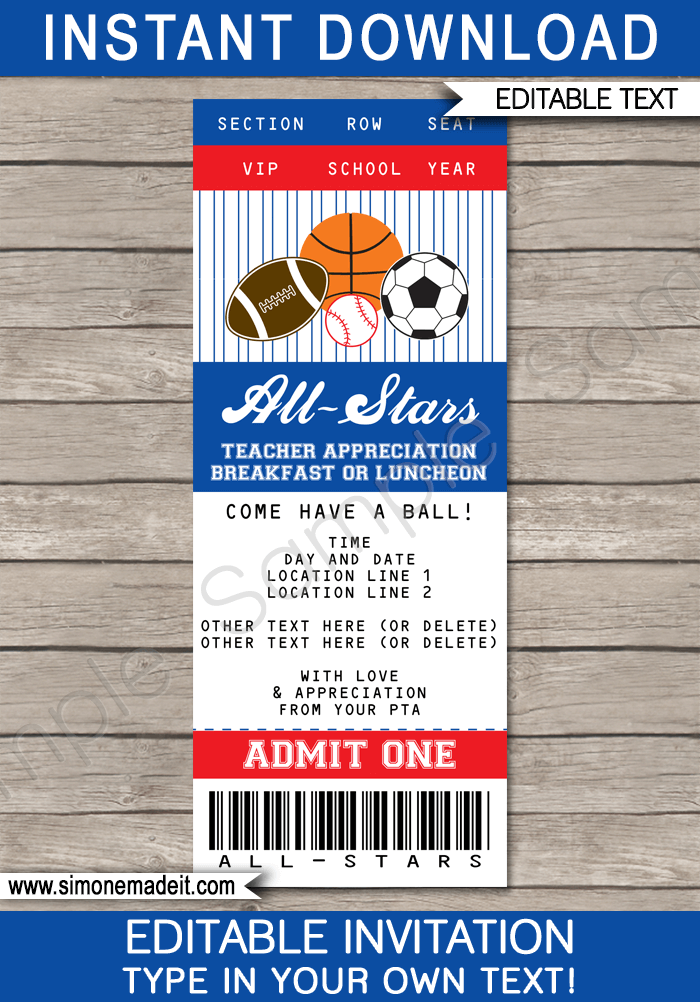 Printable All Star Teacher Appreciation Week Breakfast or Lunch Ticket Invitation | Teacher's Day All Star Theme | Editable DIY Template | Instant Download via simonemadeit.com