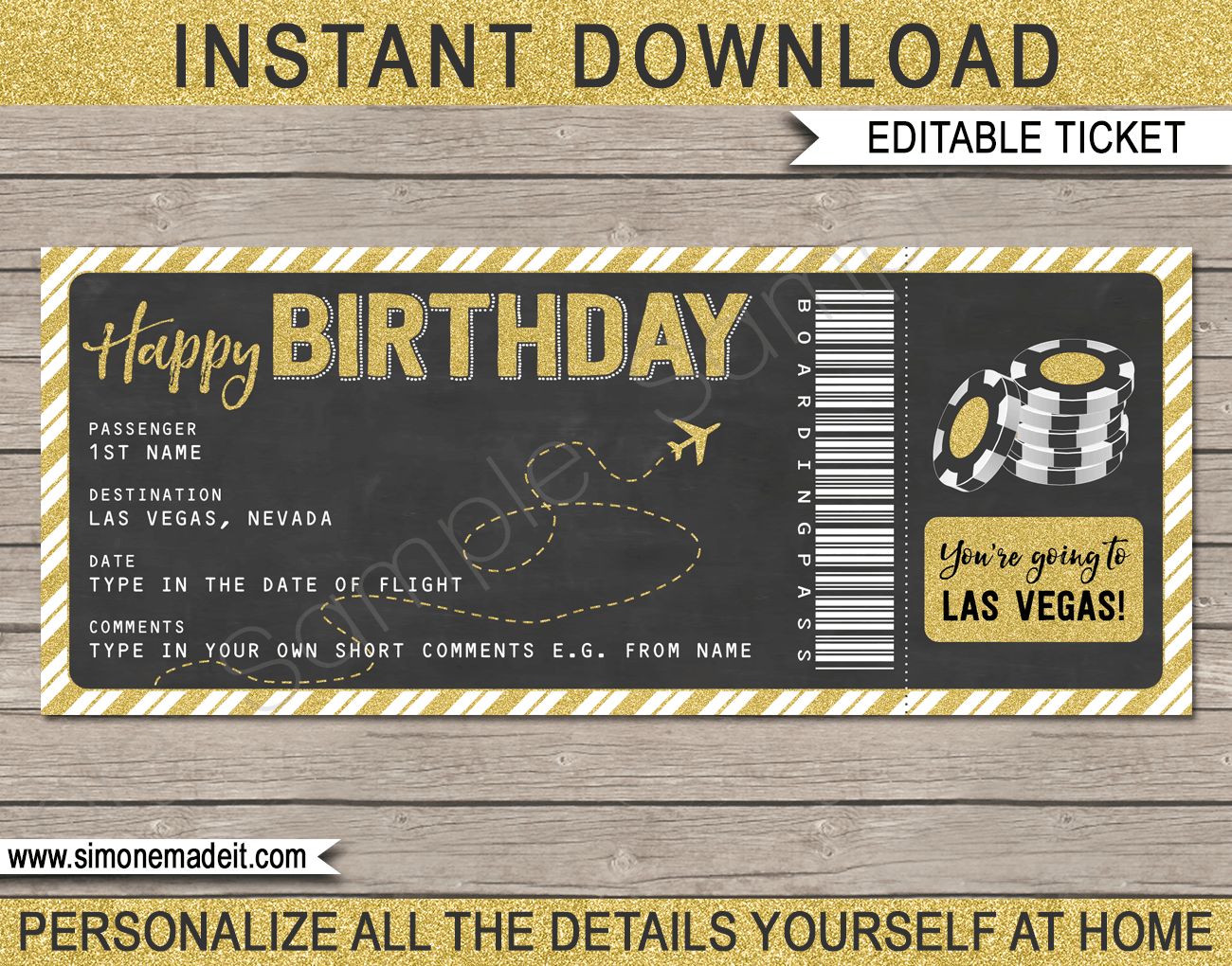 Surprise Birthday Trip to Las Vegas Boarding Pass | Las Vegas Trip Reveal | Fake Plane Ticket to Las Vegas | Birthday Present | Gold Glitter & Chalkboard | Poker Chips | DIY Editable & Printable Template | Instant Download via simonemadeit.com