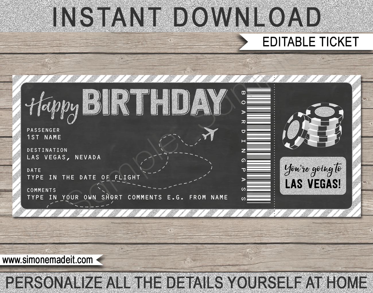 Surprise Trip to Las Vegas Plane Ticket | Las Vegas Trip Reveal | Fake Boarding Pass to Las Vegas | Birthday Gift | Silver Glitter & Chalkboard | Poker Chips | DIY Editable & Printable Template | Instant Download via simonemadeit.com