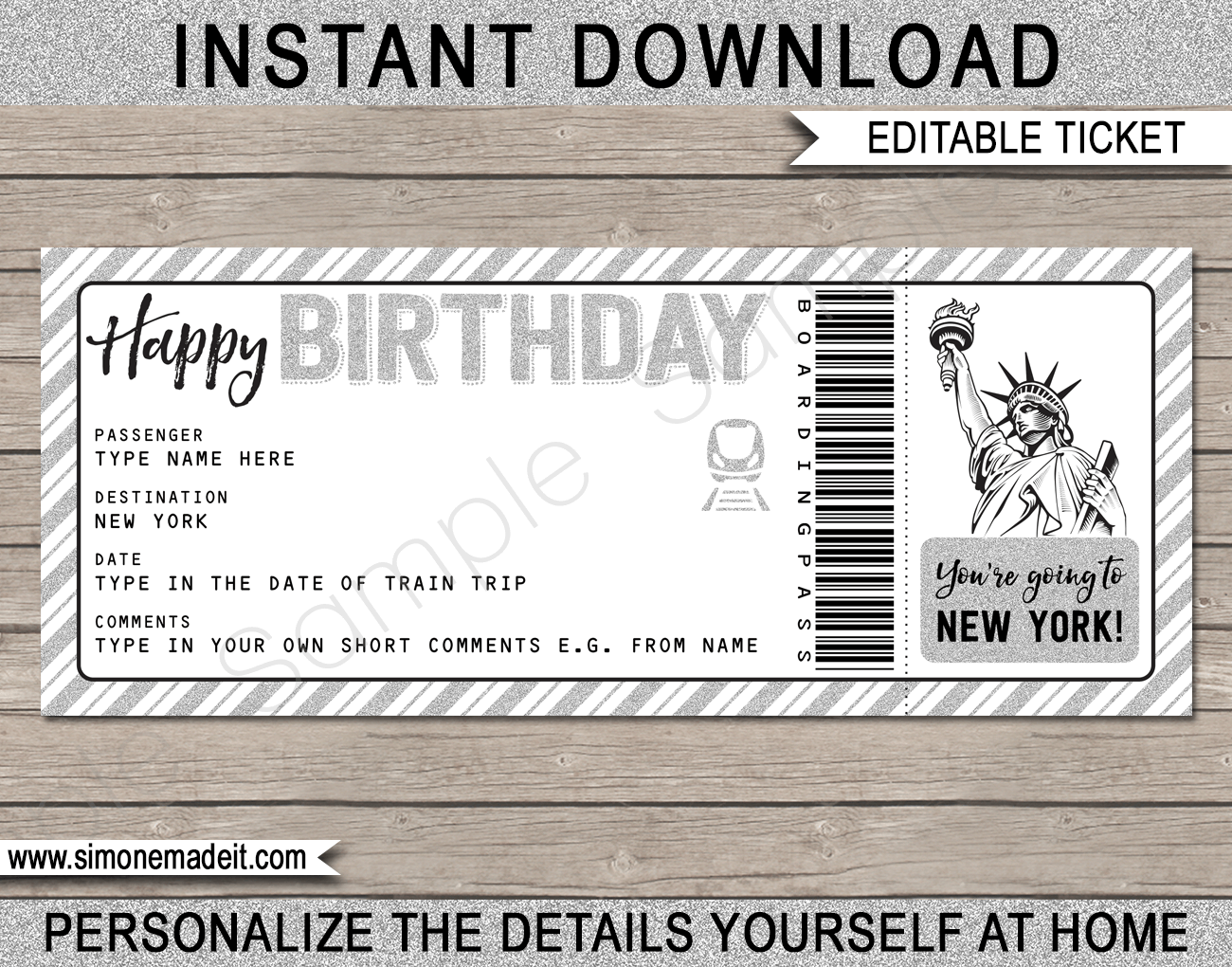 Surprise New York Train Trip Ticket | Surprise NYC Trip Reveal | Personalized New York Boarding Pass | Surprise Train Trip, Getaway, Holiday, Vacation | Fake Train Ticket | DIY Editable & Printable Template | Silver Glitter | Instant Download via simonemadeit.com