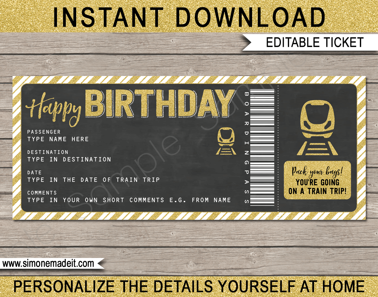 Birthday Gift Train Ticket Boarding Pass | Surprise Trip, Getaway, Holiday, Vacation | Fake Ticket | Surprise Birthday Train Trip Reveal Announcement | Gold Glitter & Chalkboard | Birthday Present | DIY Editable & Printable Template | Instant Download via simonemadeit.com