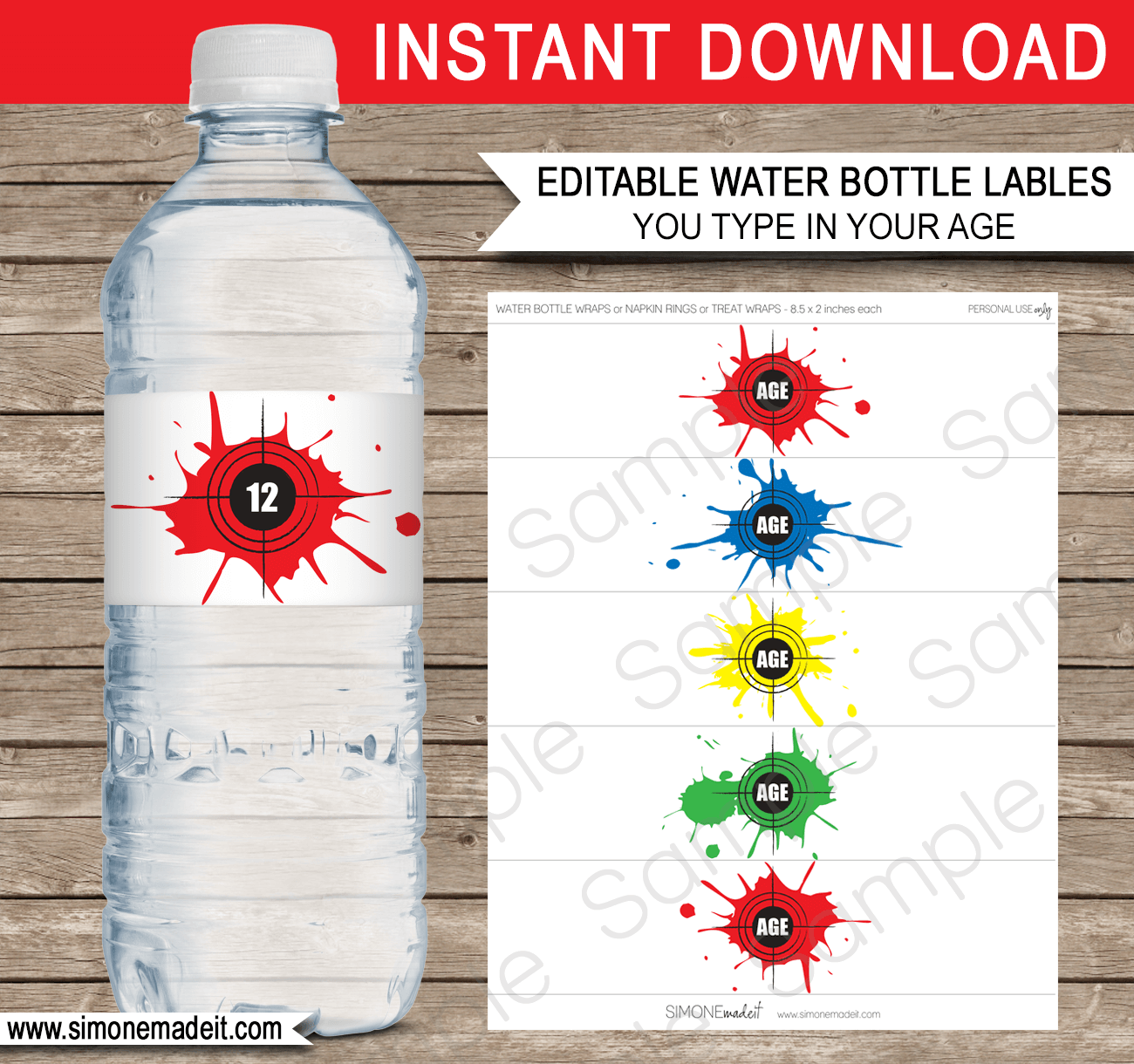 Printable Paintball Party Water Bottle Labels | Paintball Theme Birthday Party Template | Napkin Wraps | Treat Wraps | Printable Party Decorations | INSTANT DOWNLOAD via simonemadeit.com #paintball #paintballparty