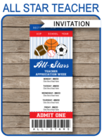 Printable All Star Teacher Appreciation Week Ticket Invitation, Announcement or Schedule | Teacher's Day All Star Theme | Editable DIY Template | Instant Download via simonemadeit.com